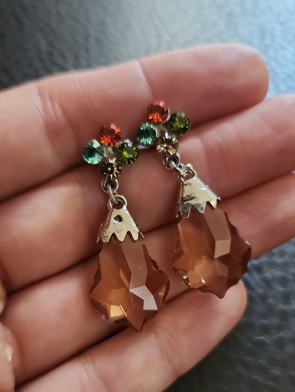 Multicolor Crystal Drop Earrings with Brown Teardrop Pendants